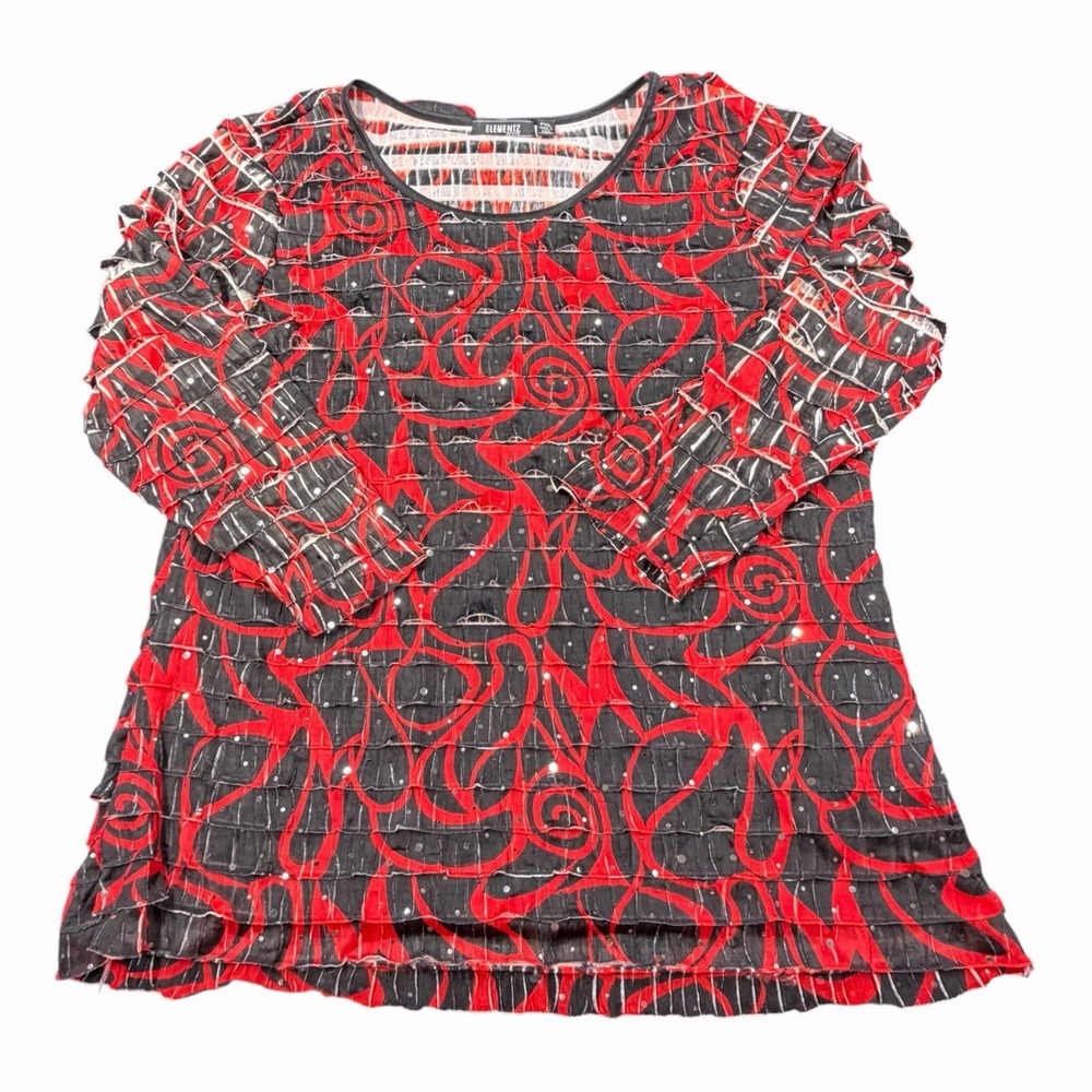 Elementz Womens Red Black Sequin Ruffle Tiered Mesh Blouse Top Size PXL